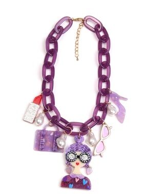 Purple Charm Statement Necklace with Doll Pendant